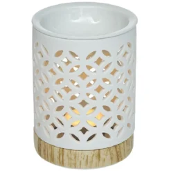 Brûle parfum Mességué céramique socle bois blanc et marron