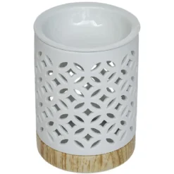 Brûle parfum Mességué céramique socle bois blanc et marron