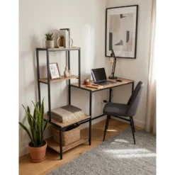 Bureau Luffi avec étagères bois naturel et métal noir 147x44xH125cm