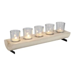 Centre de table en bois avec 5 bougeoirs en verre
