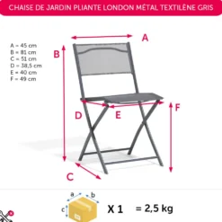 Chaise de jardin pliante London métal textilène gris 45x51xH81cm