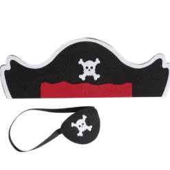 Chapeau de pirate et cache-oeil motif tête de mort noir rouge blanc