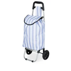Chariot de courses 25L à roulettes rayures colorées H80cm (2 modèles bleu ou jaune)