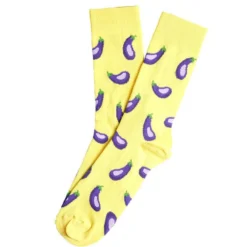 Chaussette homme polycoton tige longue jaune motif aubergine T41/46