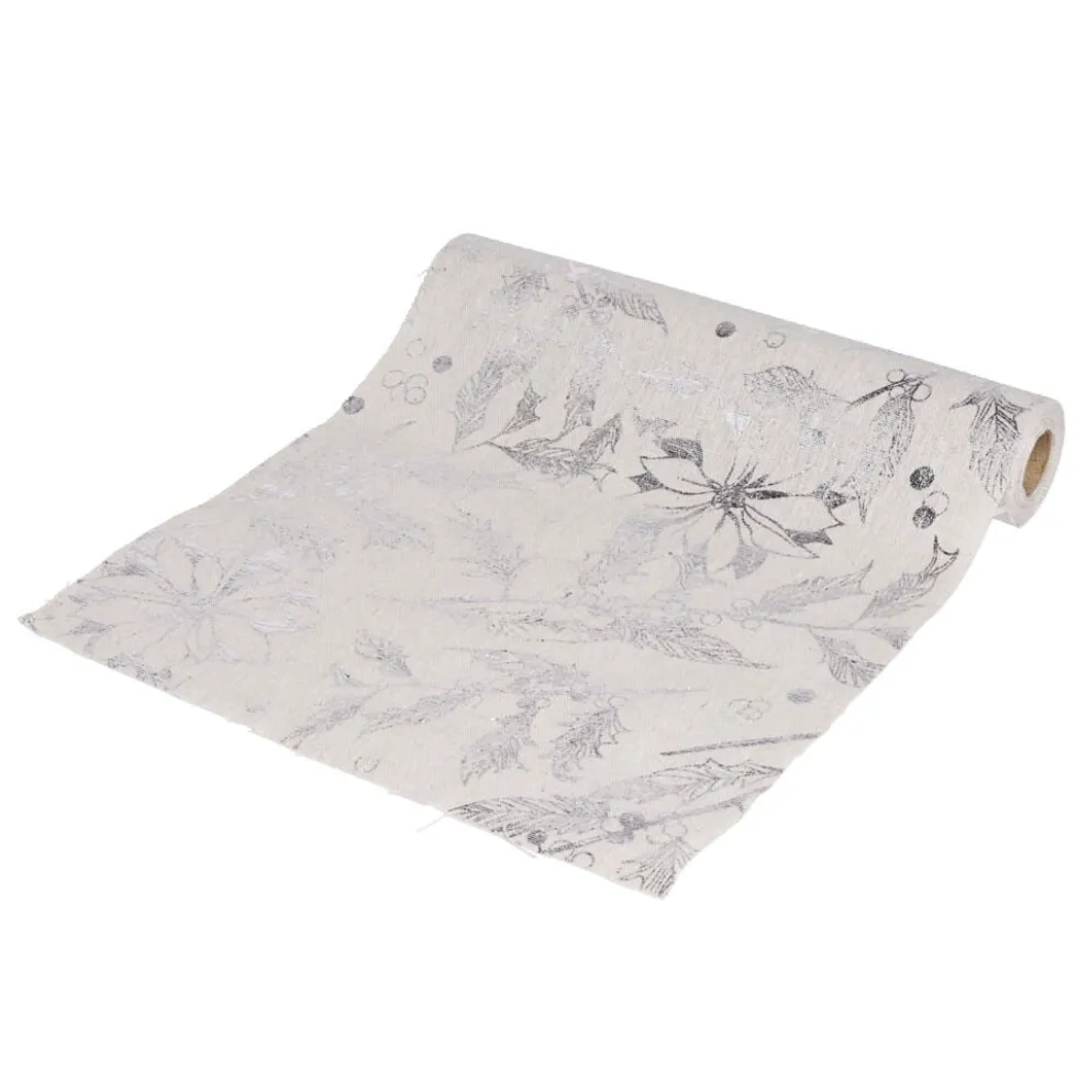 Chemin de table beige motif feuillage argenté 3m