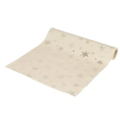 Chemin de table blanc motifs étoiles et flocons dorés 3m