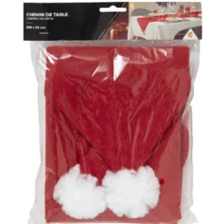 Chemin de table design bonnet de Noël rouge et pompon blanc