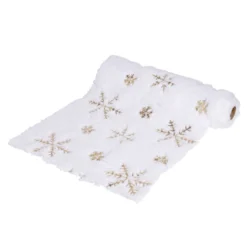 Chemin de table en tissu peluche blanc motifs flocons dorés 3m