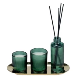 Coffret senteur bougie x2 avec diffuseur 100ml et plateau métal doré (3 modèles)