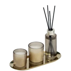 Coffret senteur bougie x2 avec diffuseur 100ml et plateau métal doré (3 modèles)