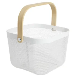 Corbeille à fruit métal mesh blanc et anse bambou