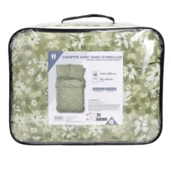 Couette 2 personnes 240x220cm avec 2 taies d'oreiller polyester motif floral vert