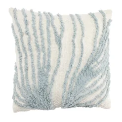 Coussin carré coton beige tufté bleu façon algues 40x40cm