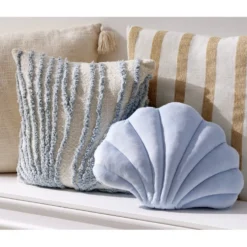 Coussin carré coton beige tufté bleu façon algues 40x40cm