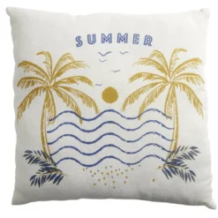 Coussin carré déperlant "Summer" motifs plage et palmiers 40x40cm