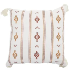 Coussin carré Indie blanc motif orange avec pompons 40x40cm
