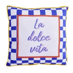 Coussin carré inscription La Dolce Vita bleu et blanc 40x40cm