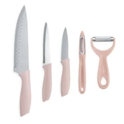 Couteau de cuisine x3 et éplucheur x2 inox (2 modèles vert céladon ou rose)