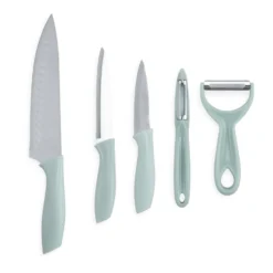 Couteau de cuisine x3 et éplucheur x2 inox (2 modèles vert céladon ou rose)