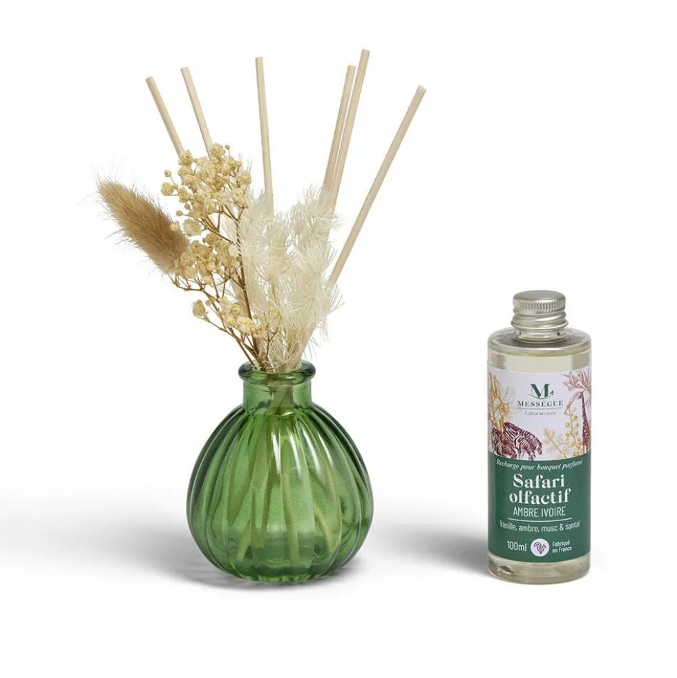 Diffuseur bâtonnets fleurs séchées et recharge Mességué vanille ambre musc 100ml