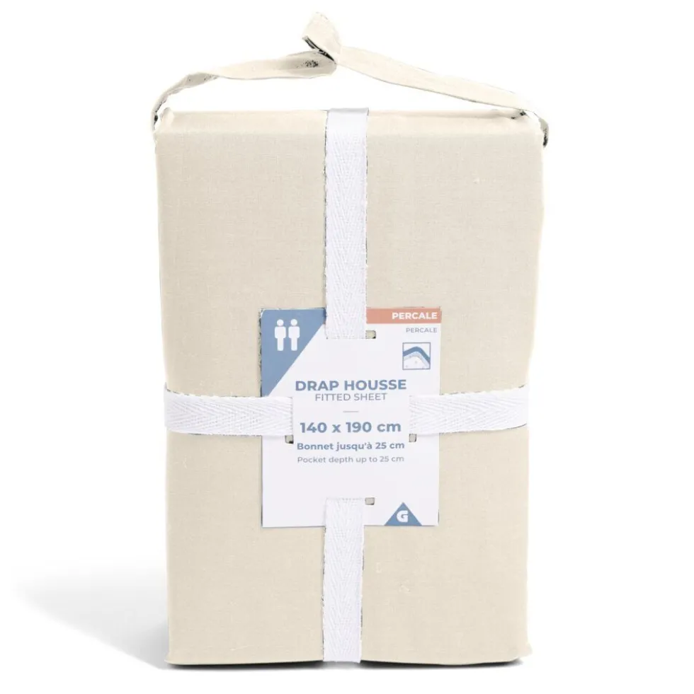 Drap housse 140x190cm 100% coton percale beige