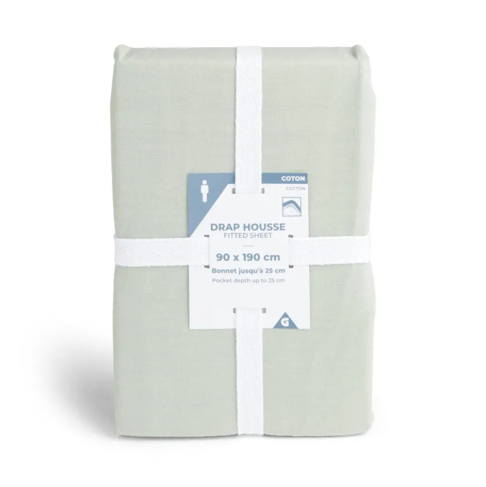 Drap housse 90x190cm 100% coton vert céladon