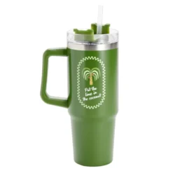 Gourde isotherme mug 900ml inox et plastique motif tropical avec paille (2 modèles)