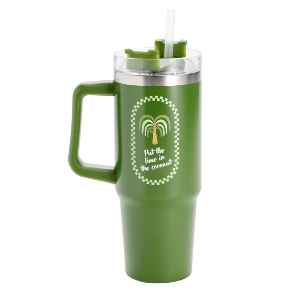 Gourde isotherme mug 900ml inox et plastique motif tropical avec paille (2 modèles)