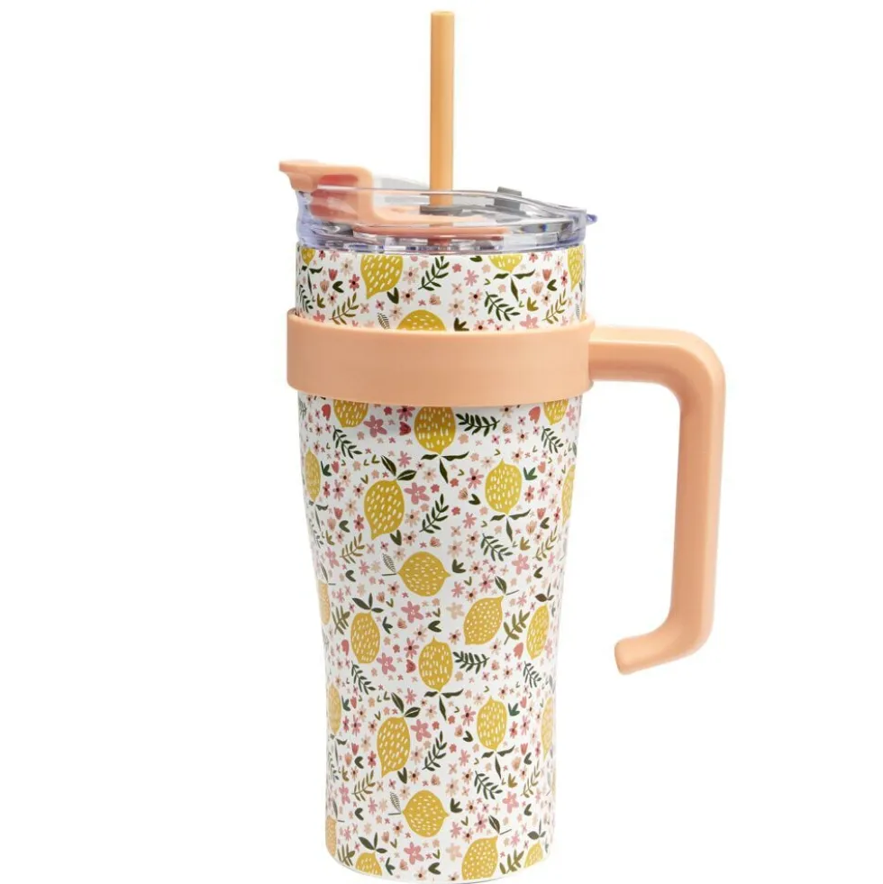 Gourde mug 900ml inox et plastique motif citrons avec paille