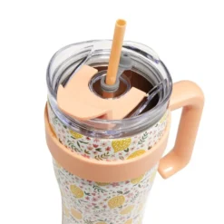 Gourde mug 900ml inox et plastique motif citrons avec paille