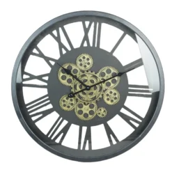 Horloge engrenage chiffres romains métal noir et doré Ø48cm