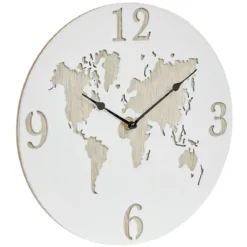 Horloge ronde design planisphère effet bois blanc naturel Ø30 cm