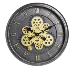 Horloge ronde motif engrenage plastique noir et doré Ø40cm