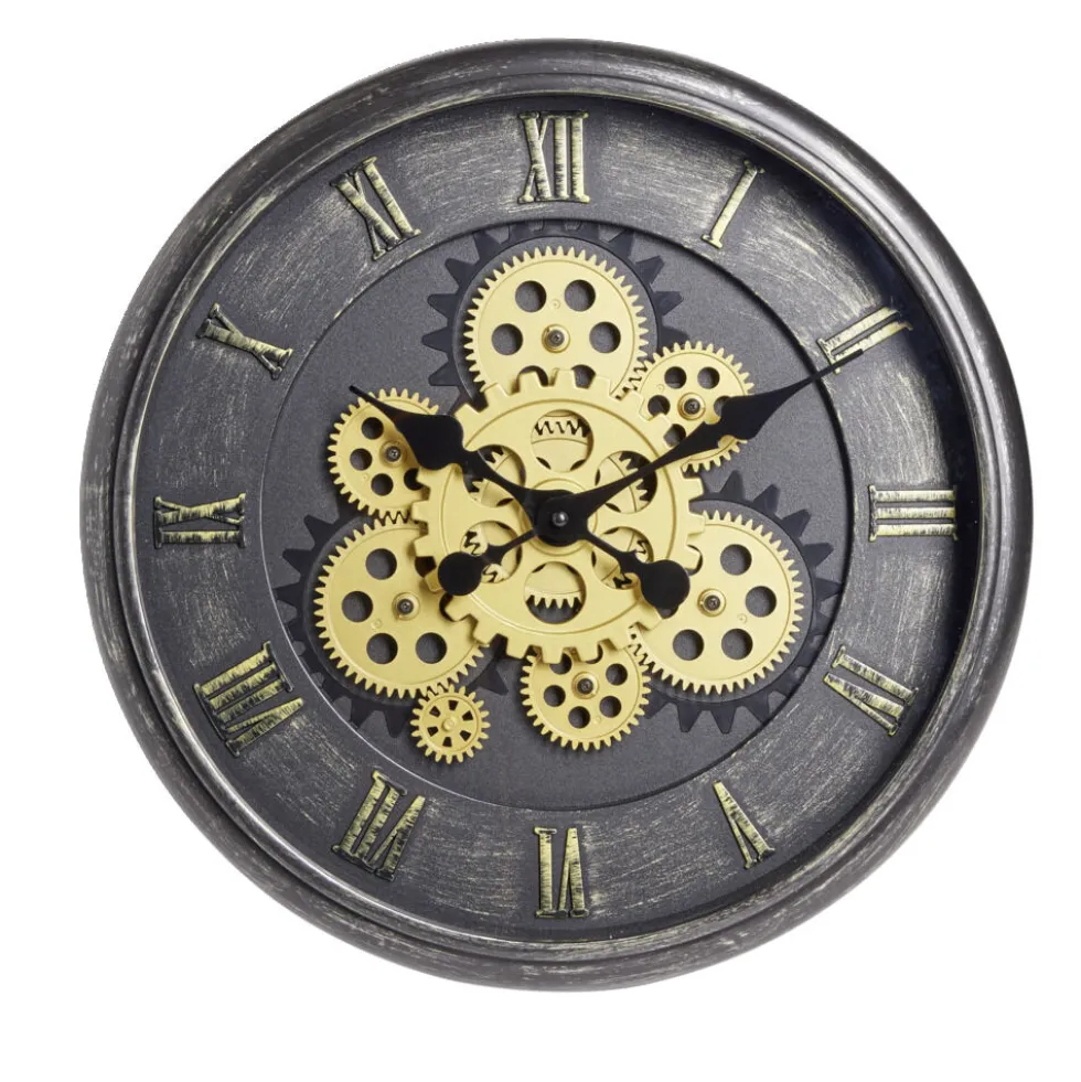 Horloge ronde motif engrenage plastique noir et doré Ø40cm