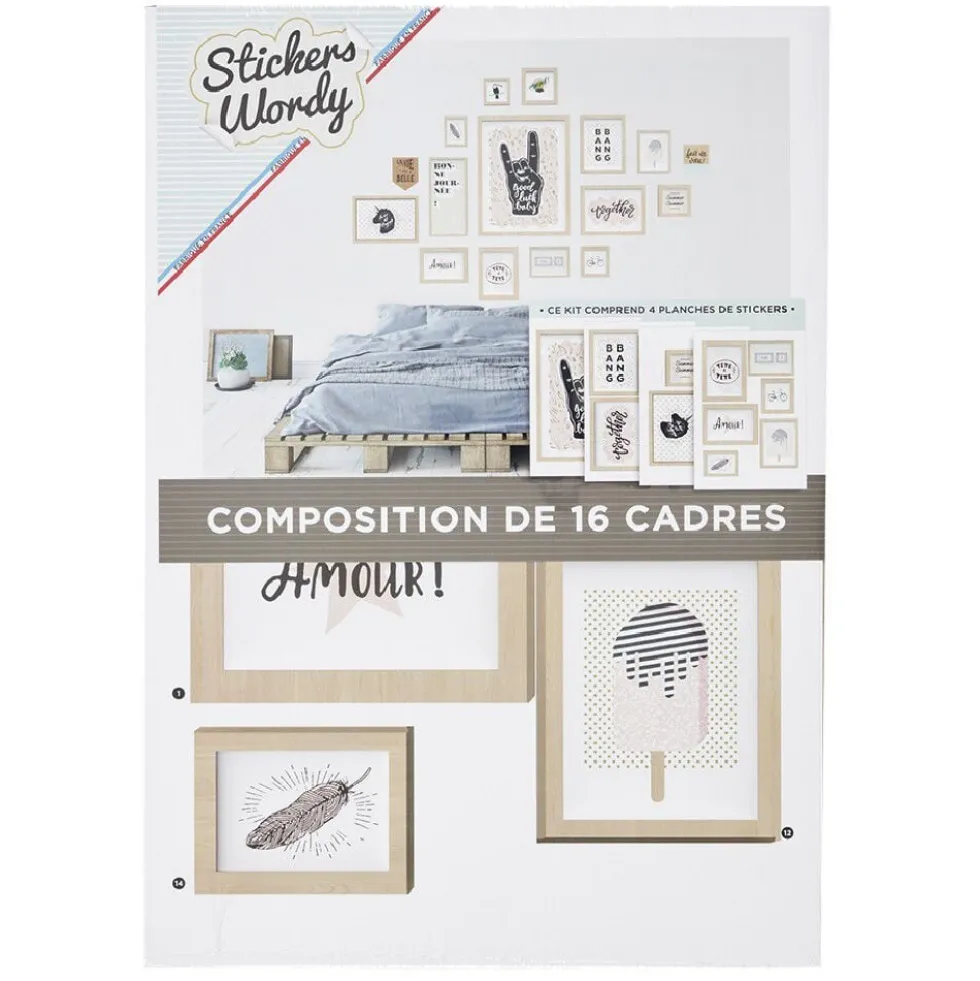 Kit 17 stickers déco effet cadre imitation bois