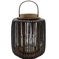 Lanterne ajourée métal et bois noir et marron Ø19,5xH30cm