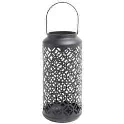 Lanterne carreaux de ciment ajourés métal noir Ø15xH34,5cm