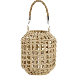 Lanterne décorative verre et papier tressé beige Ø15xH18cm