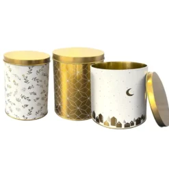 Lot de 3 boîtes alimentaires décor Noël métal blanc et doré 3 tailles