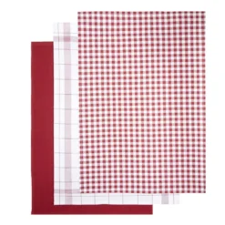 Lot de 3 torchons rectangulaires 50x70cm 100% coton blanc et rouge
