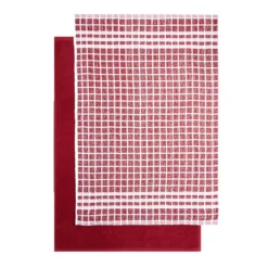 Lot de 2 torchons rectangulaires 50x70cm 100% coton blanc et rouge