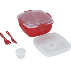 Lunch box plastique 900ml avec couverts et pot à sauce 17x17xH8,5cm (2 modèles)