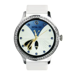 Montre connectée ronde strass bracelet silicone Ø5cm (2 modèles blanc ou rose)
