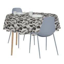 Nappe ronde tissu motif feuillage exotique blanc et noir Ø160cm