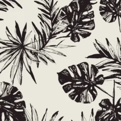 Nappe ronde tissu motif feuillage exotique blanc et noir Ø160cm
