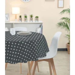Nappe ronde toile cirée grise à pois blancs
