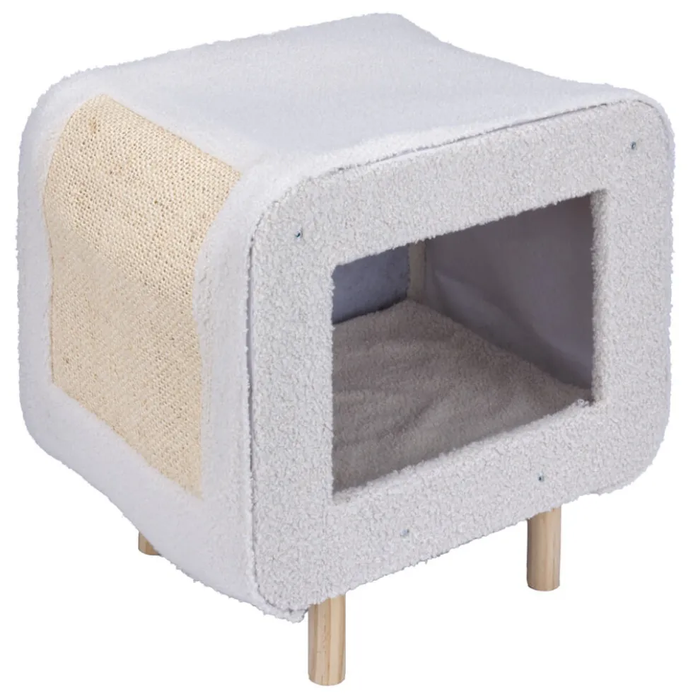 Niche pour chat ou chien en bois et tissu beige avec grattoir 48x48xH38cm