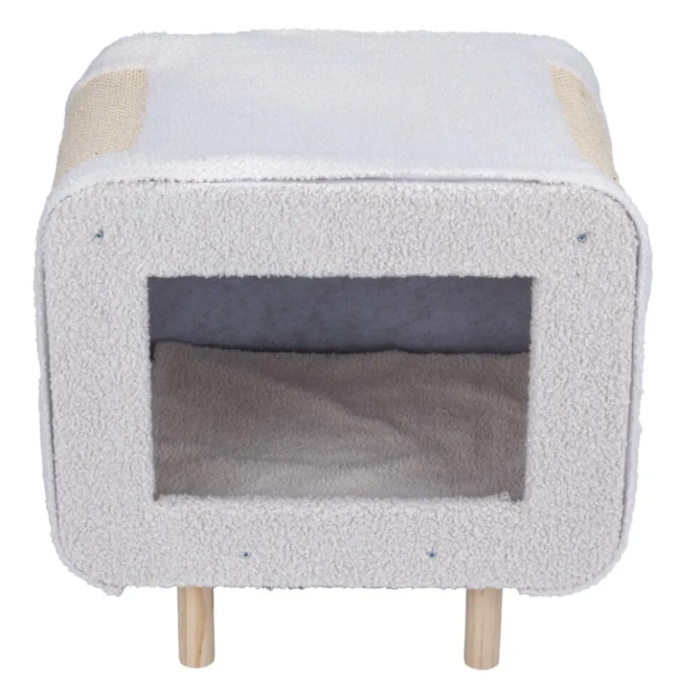 Niche pour chat ou chien en bois et tissu beige avec grattoir 48x48xH38cm