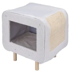 Niche pour chat ou chien en bois et tissu beige avec grattoir 48x48xH38cm