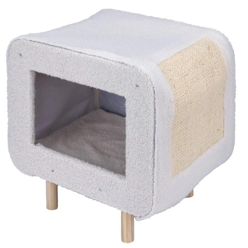 Niche pour chat ou chien en bois et tissu beige avec grattoir 48x48xH38cm